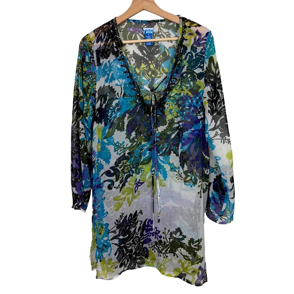 Soaked Women's Medium Sheer Floral Beaded V-Neck‎ Swim Cover Up Resort Beach